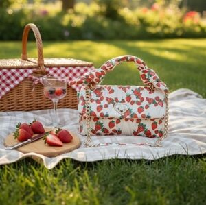 Betsey Johnson Strawberry Quilted Crossbody Bag Heart Lock Gold Chain Kitsch